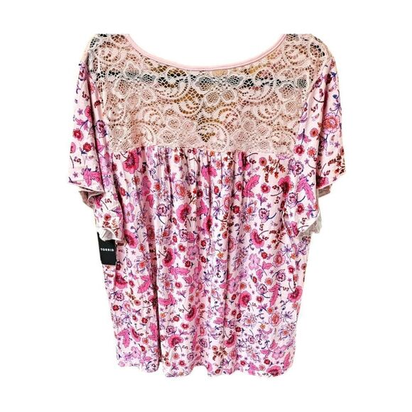 TORRID NEW Floral Jersey Knit Super Soft Slub Lace Yoke Flutter Sleeve Top - Picture 14 of 16